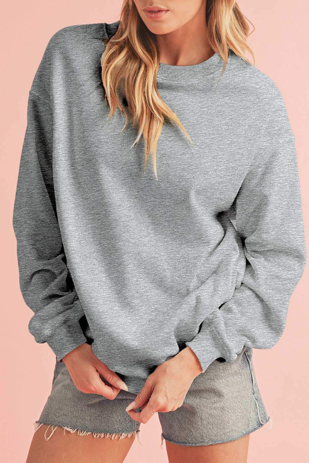 White Solid Loose Crew Neck Fleece Sweatshirt