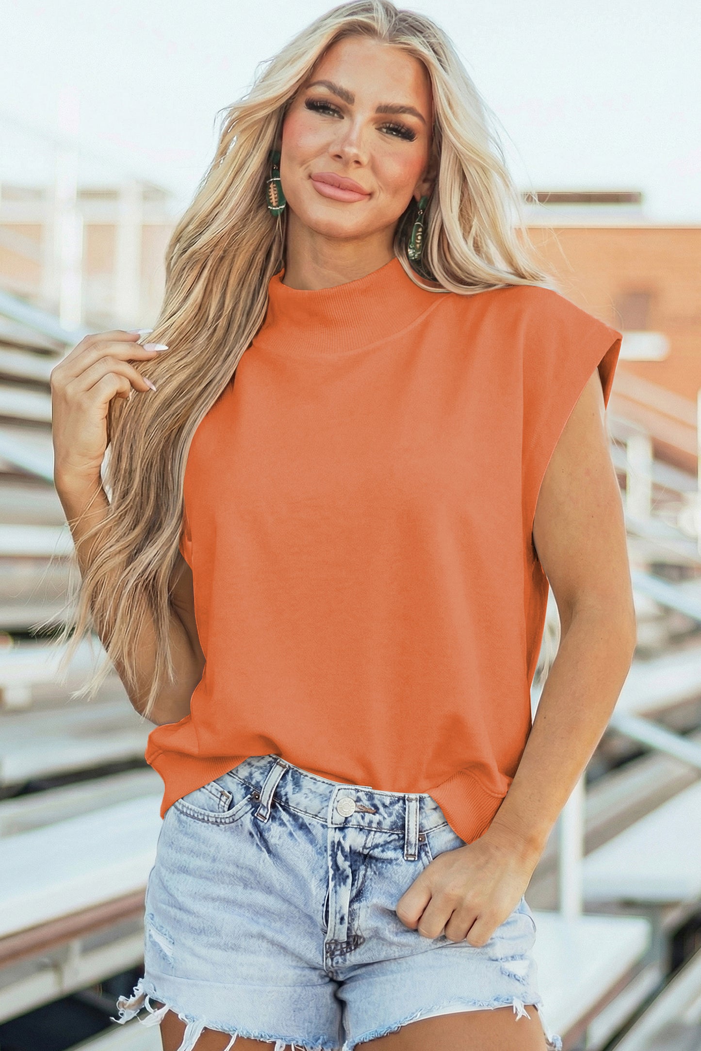 Yellow Solid Color High Neck Cap Sleeve Loose Top