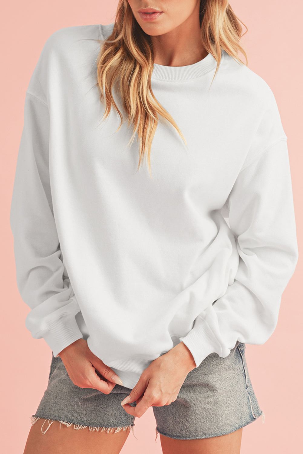 White Solid Loose Crew Neck Fleece Sweatshirt