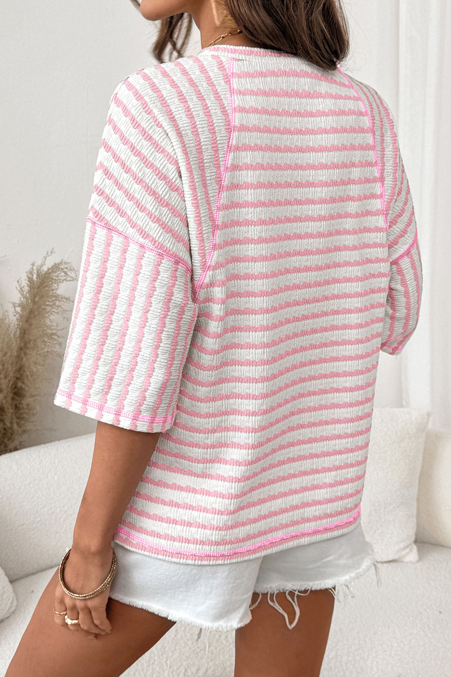 Apricot Stripe Textured Knit Split Hem Half Sleeve Loose Top