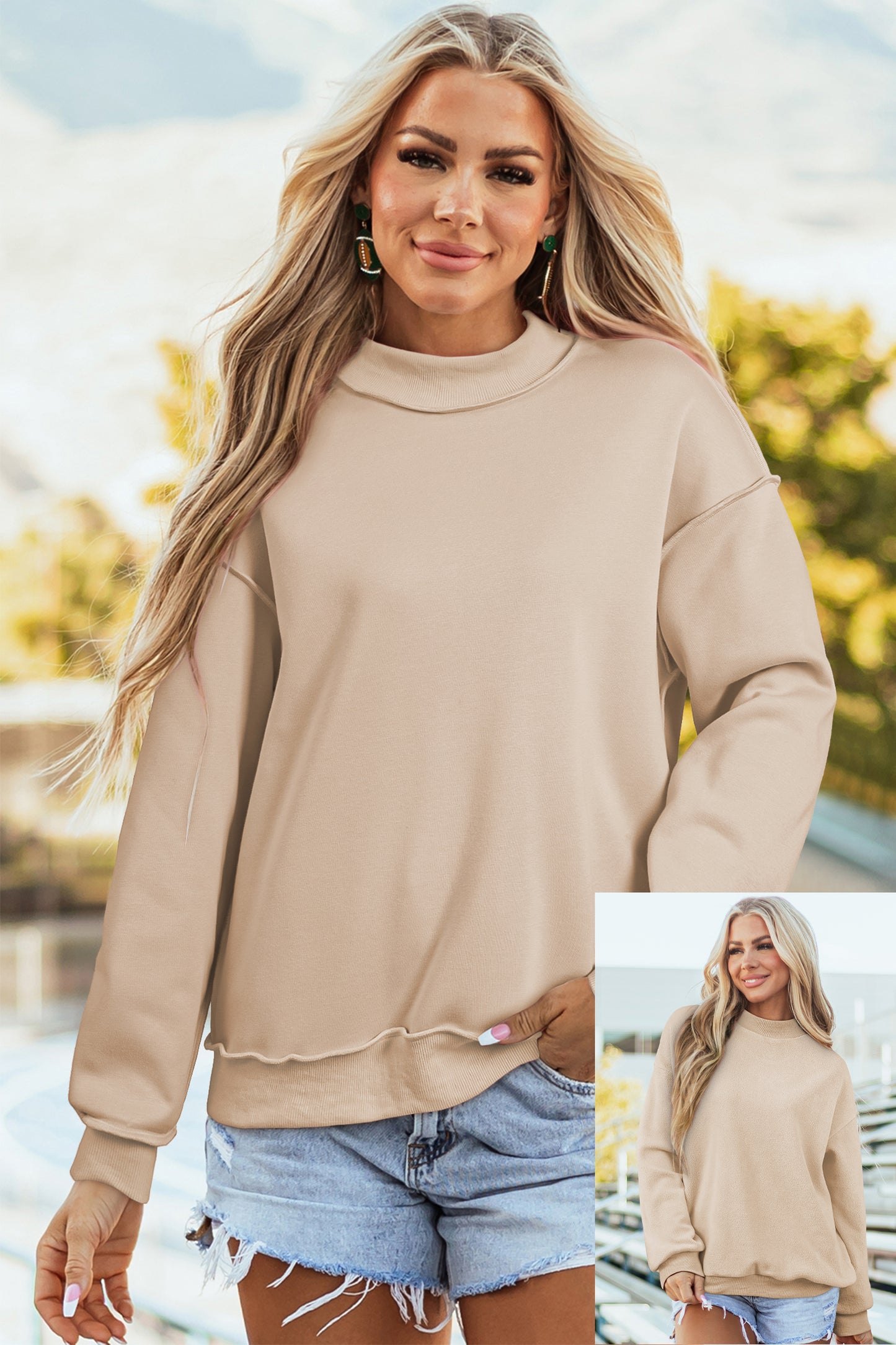 Bright Green Oversize Drop Shoulder Reversible Mock Neck Sweatshirt