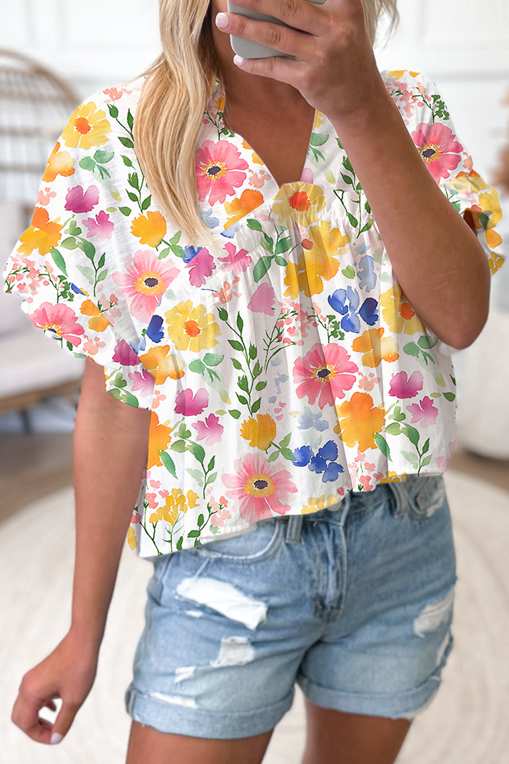 Pink Allover Floral Print Boxy Fit V Neck Blouse