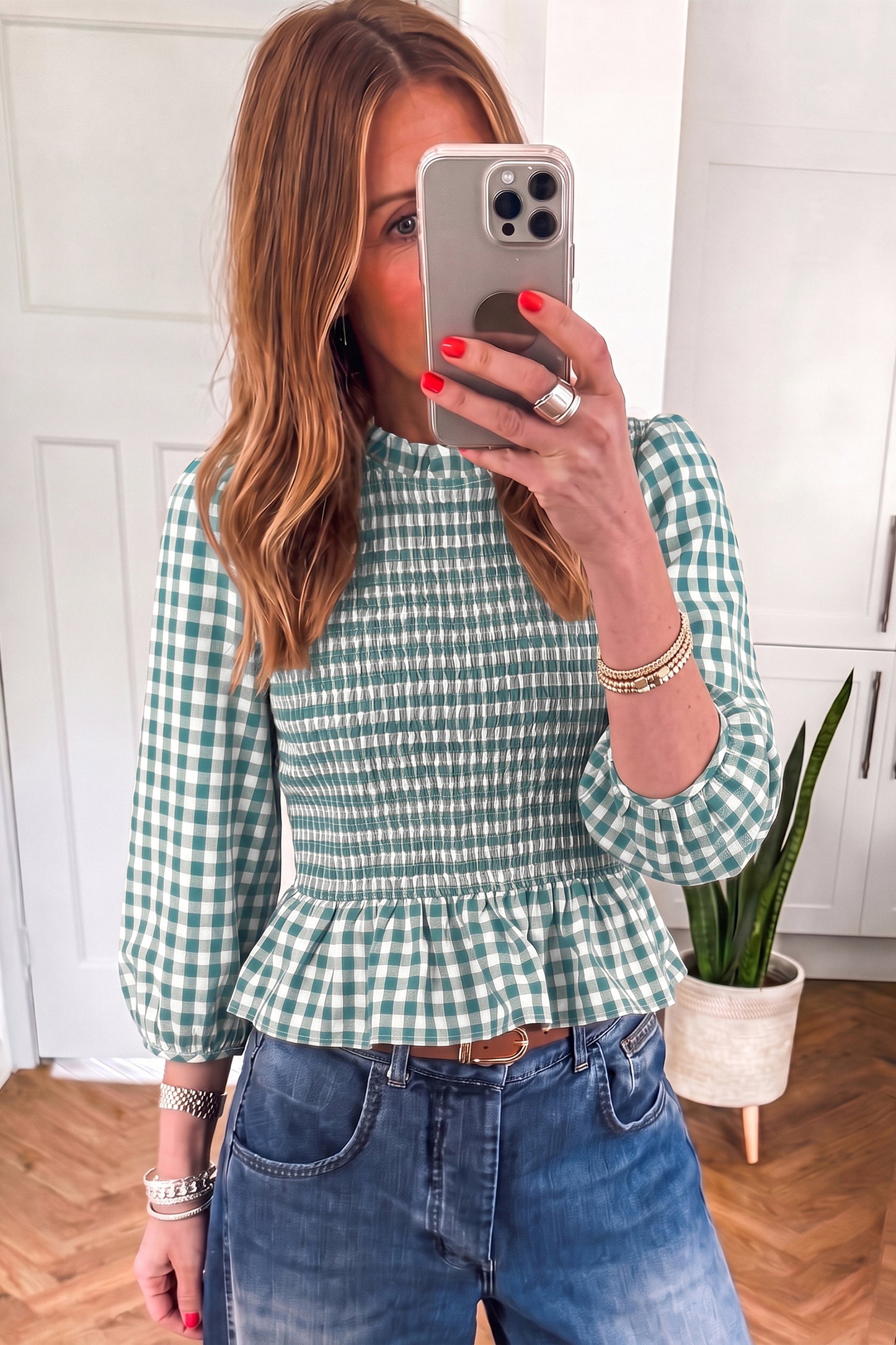 Brown 3/4 Sleeve Shirred Plaid Peplum Top