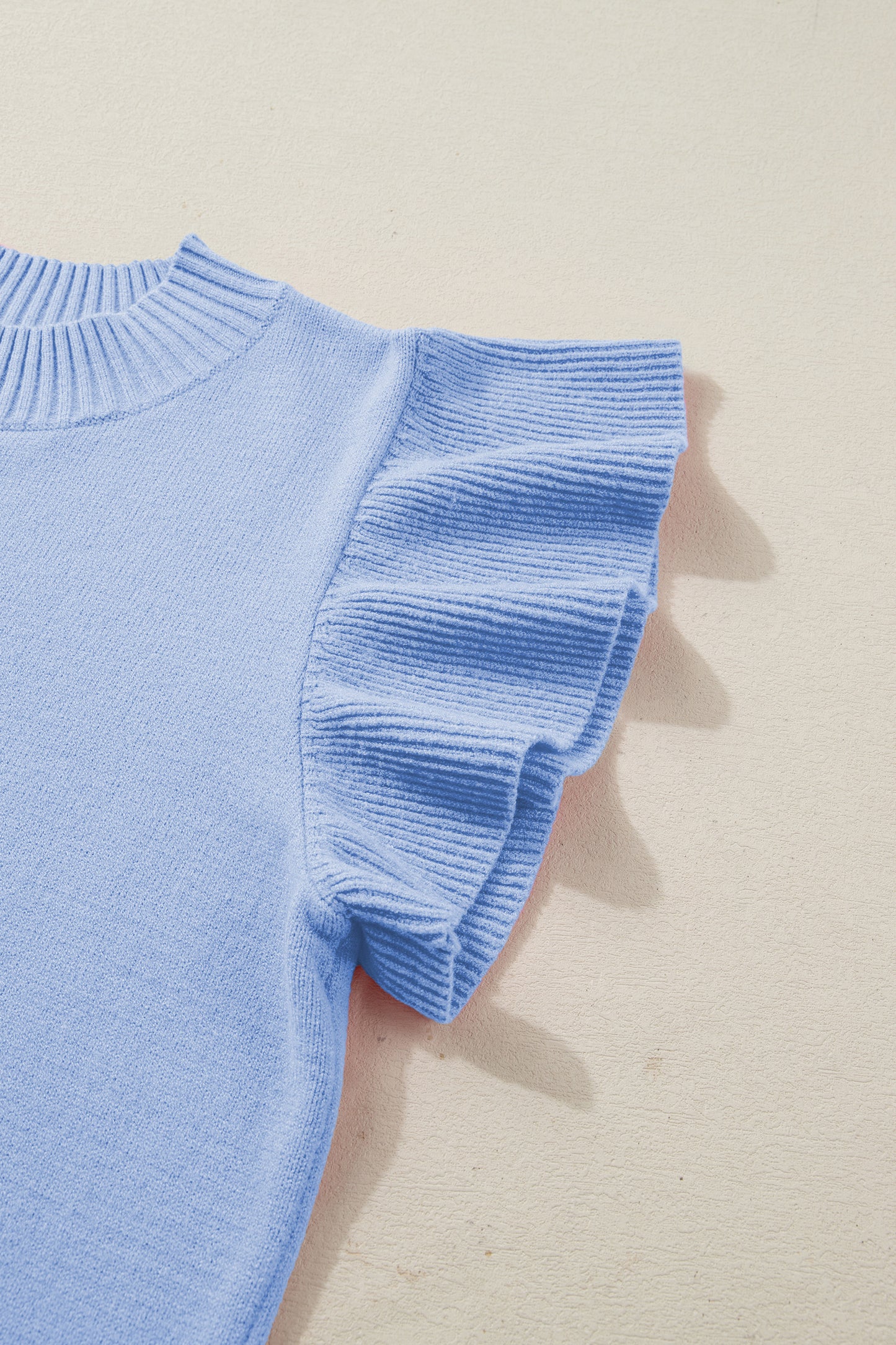 Sachet Pink Solid Color Ribbed Trim Round Neck Ruffle Short Sleeve Sweater