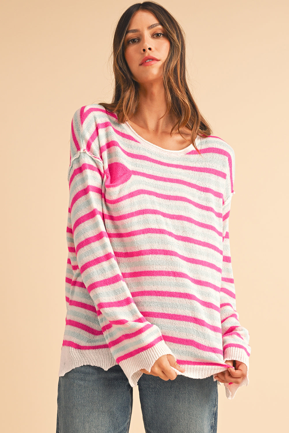 Rose Stripe Distressed Pocket Drop Sleeve Sweater