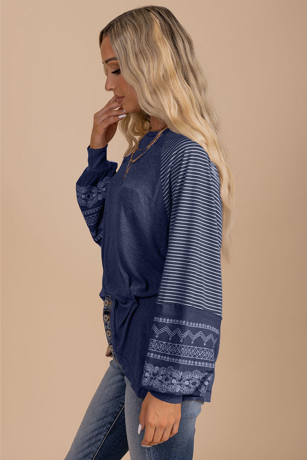 Mineral Red Contrast Print Striped Raglan Long Sleeve Loose Top