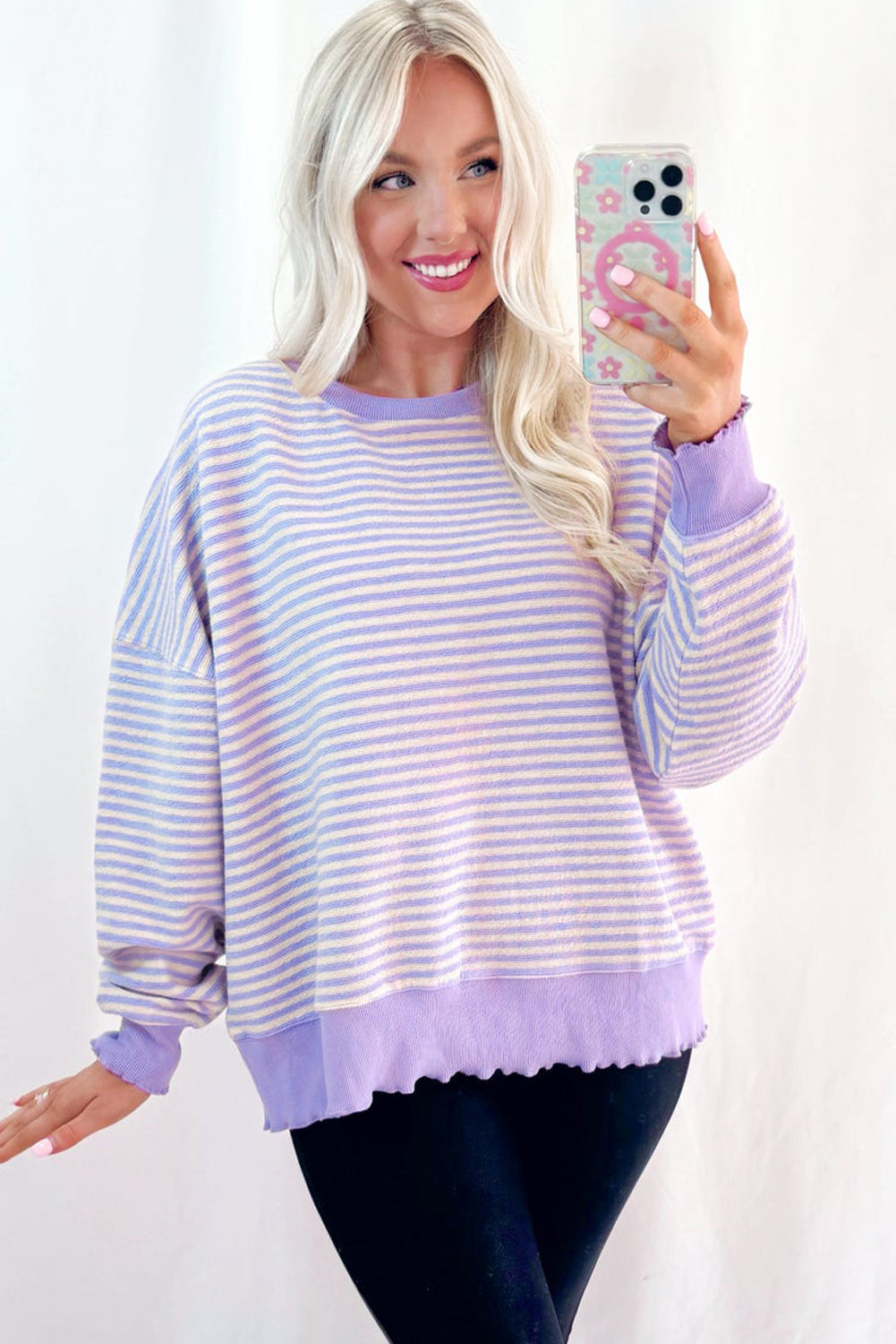 Pink Stripe Drop Shoulder Long Sleeve Top