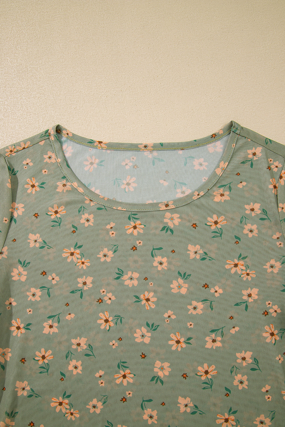 Laurel Green Floral Print Mesh Slim Fit Long Sleeve Top