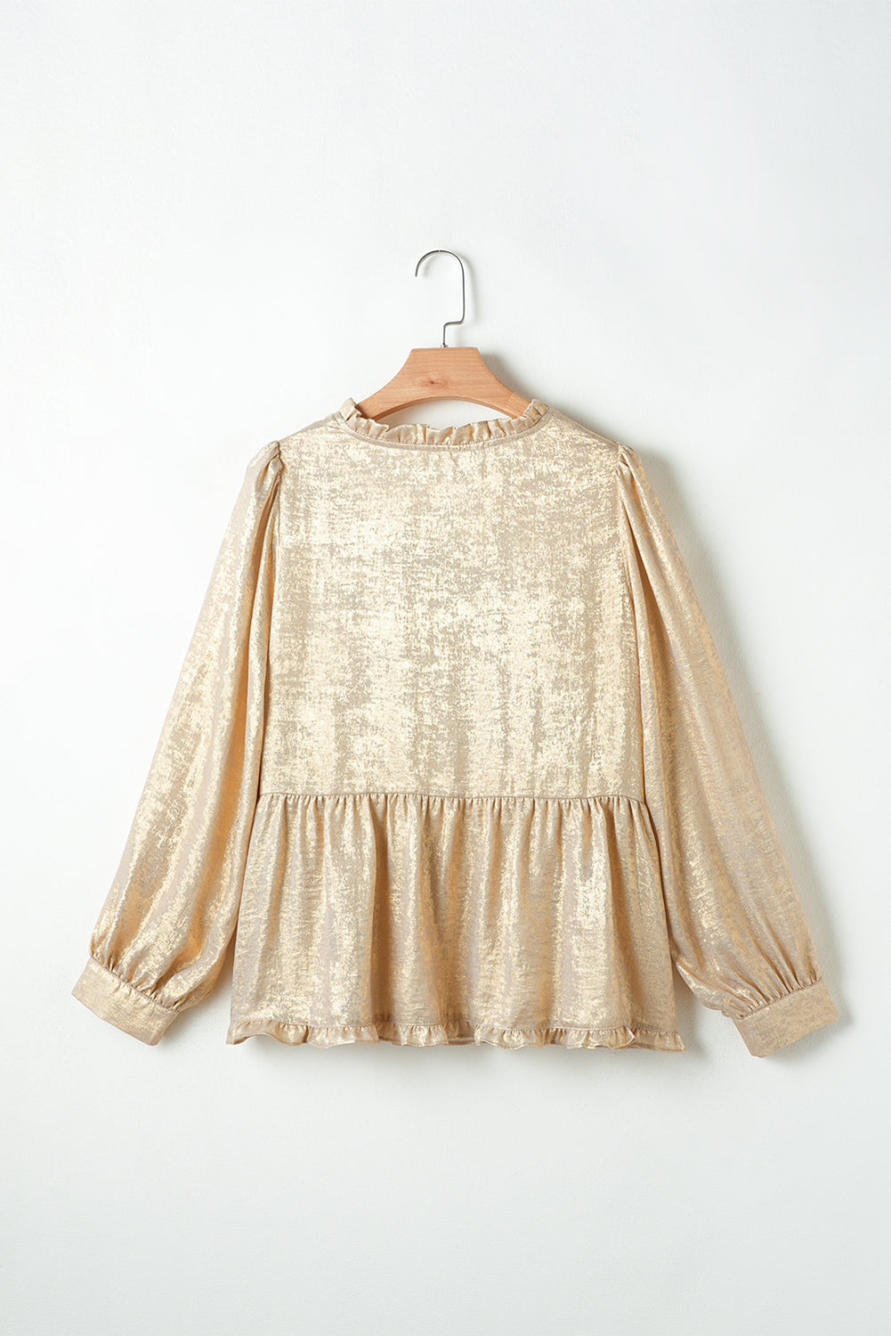 Gold Metallic Velvet Frill V Neck Puff Sleeve Babydoll Blouse