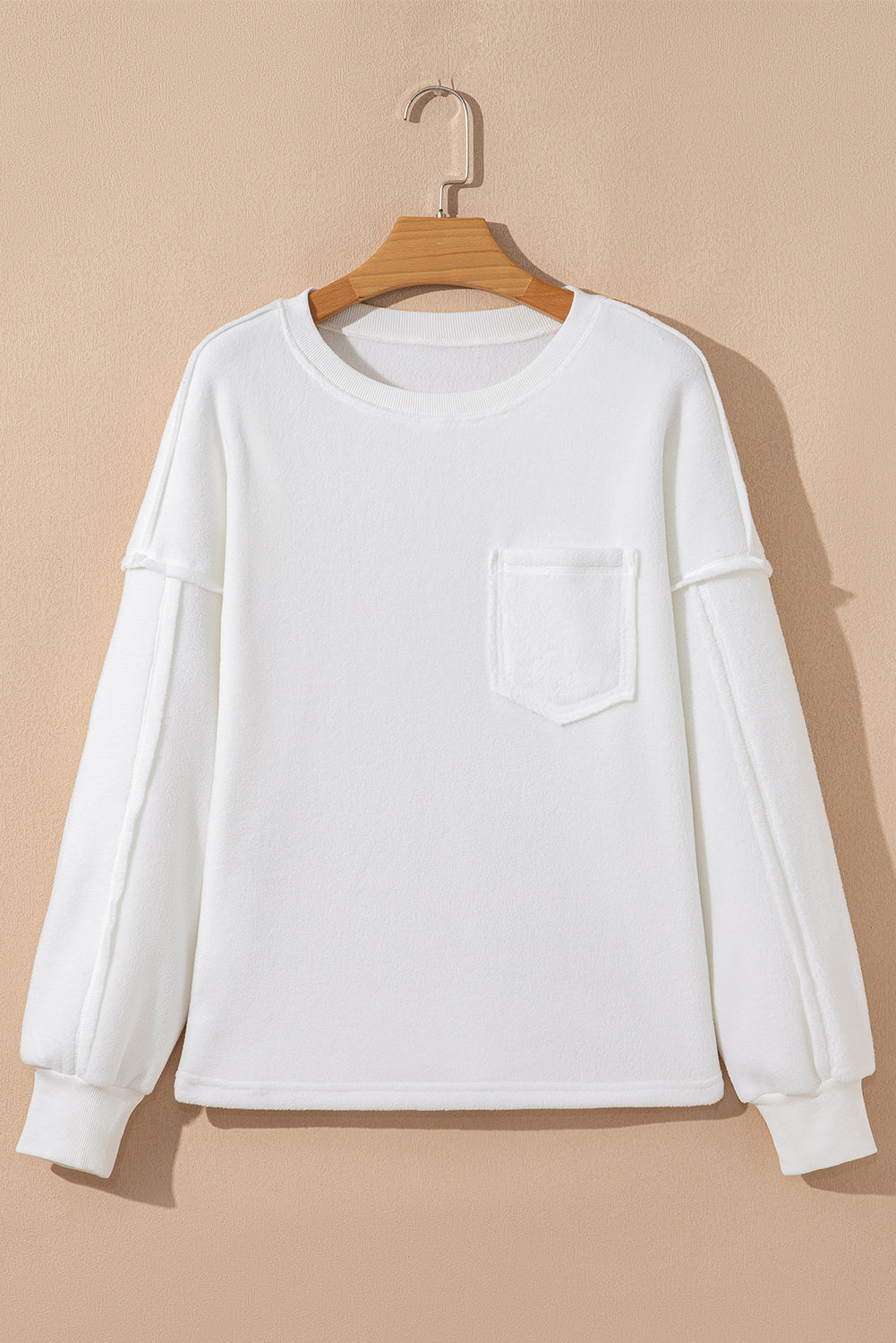 White Solid Color Drop Sleeve Pullover Sweatshirt