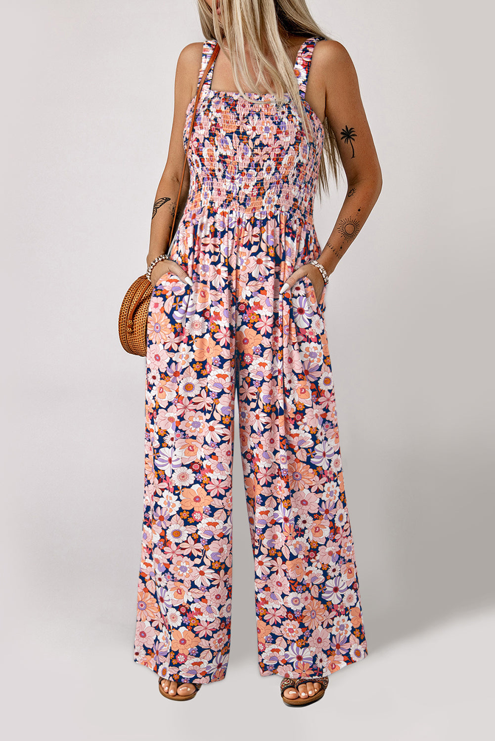 Green Floral Square Neckline Stretch High Waist Jumpsuit