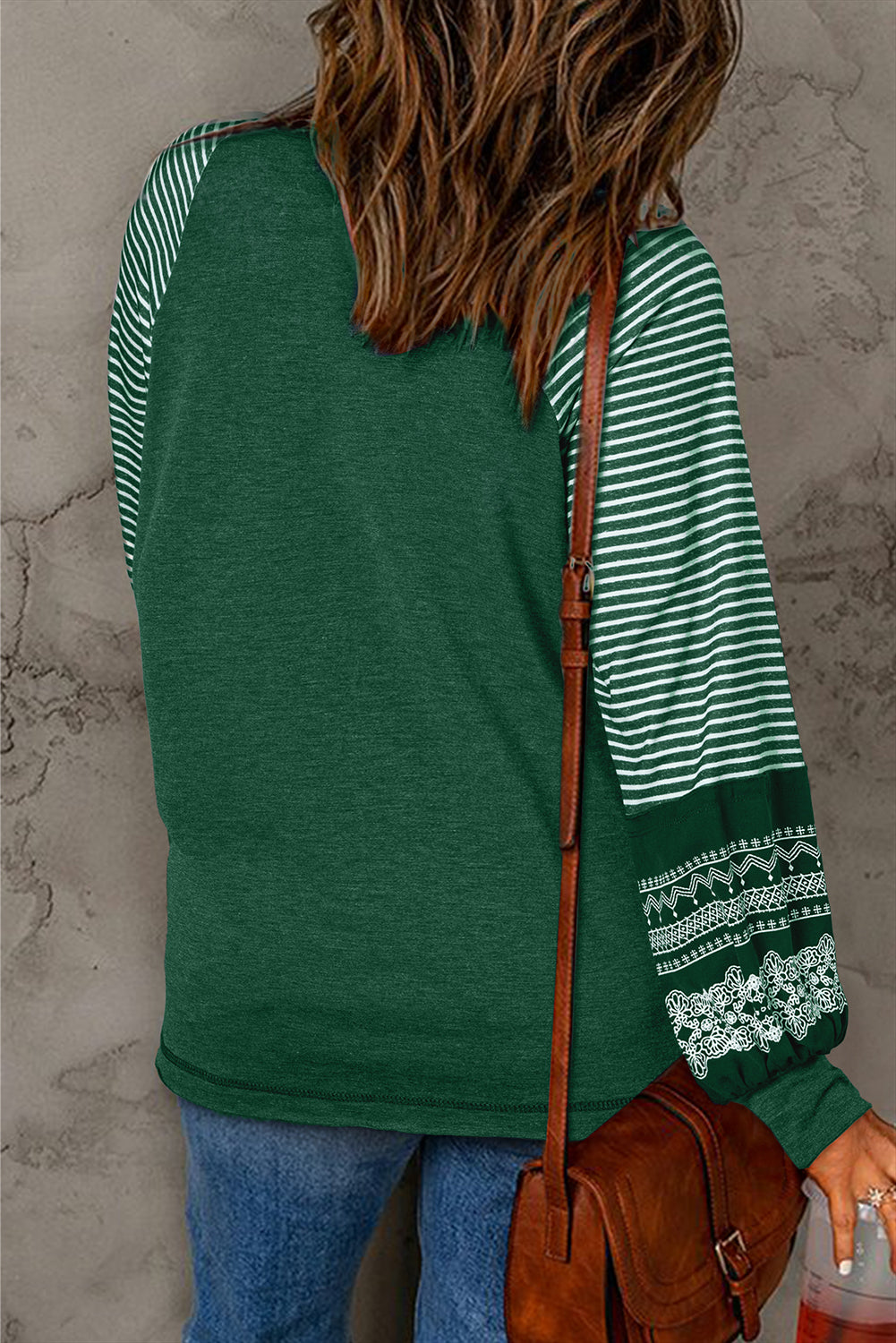 Mineral Red Contrast Print Striped Raglan Long Sleeve Loose Top