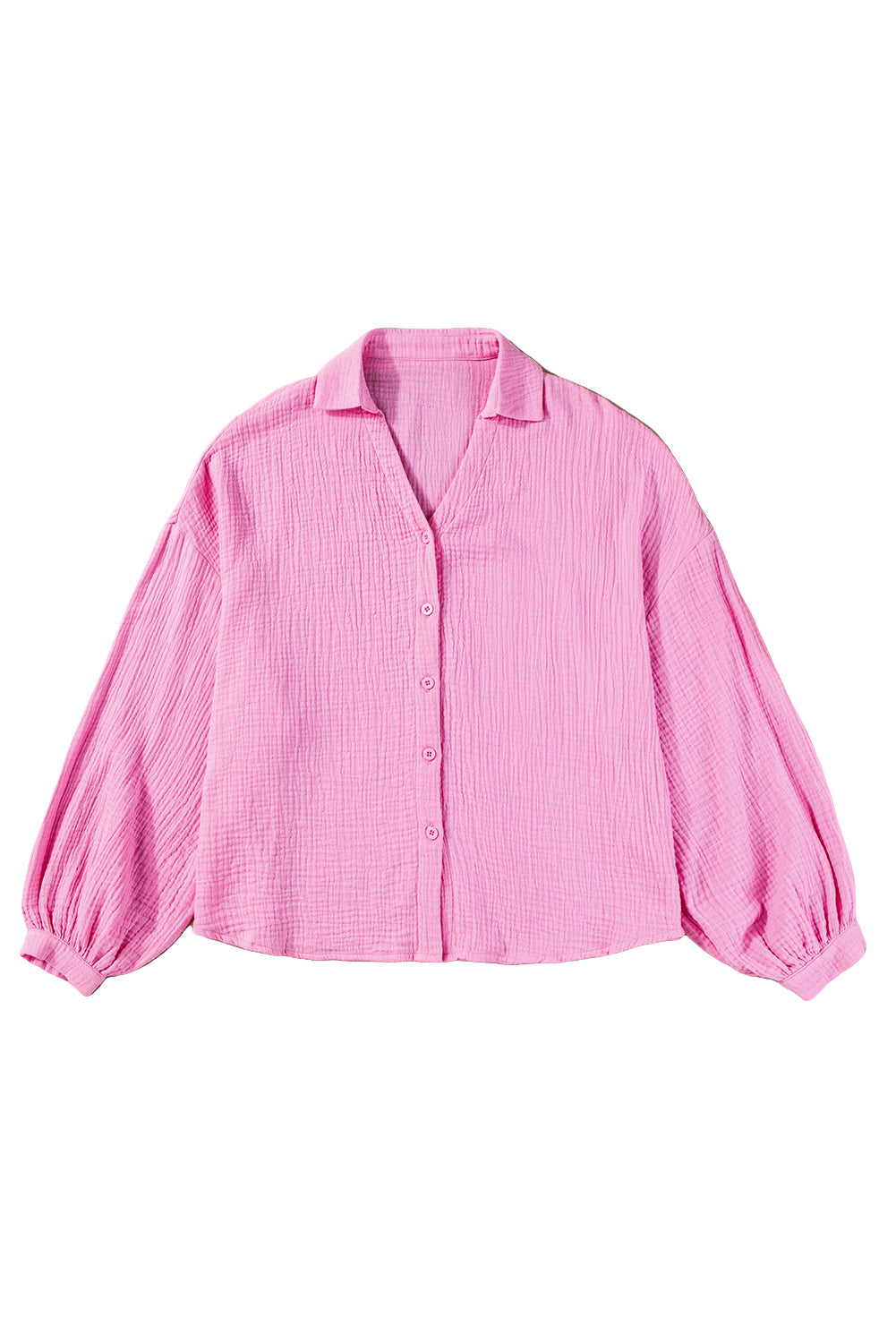 Bonbon Solid Color Puff Sleeve Crinkled Shirt