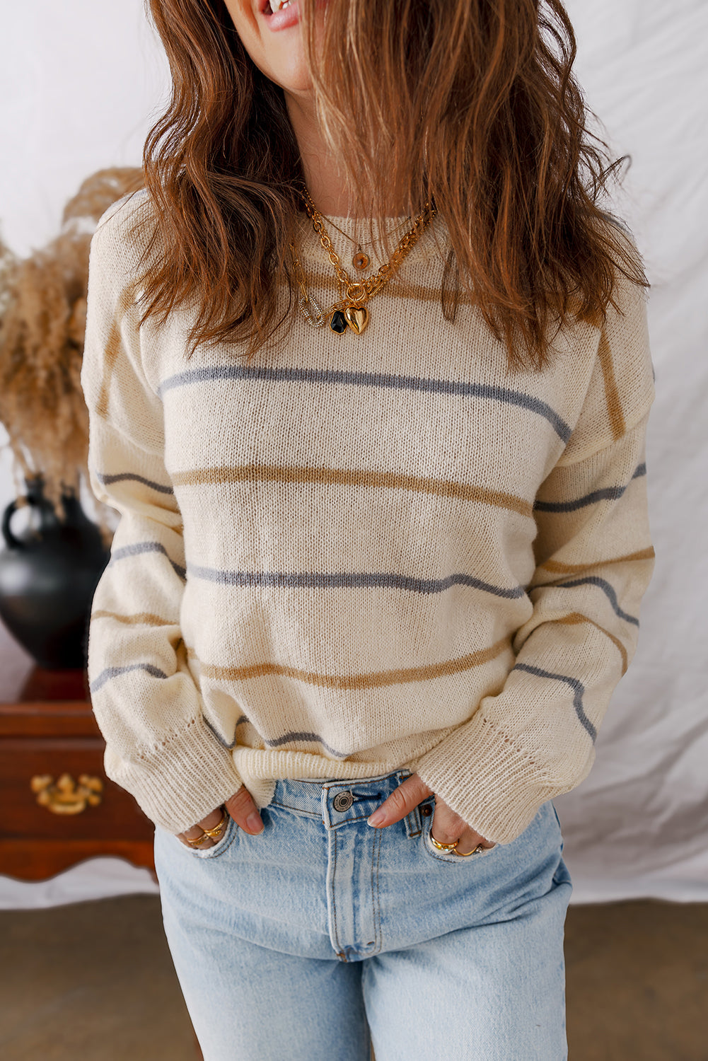 Brown Striped Ribbed Edge Drop Shoulder Sweater