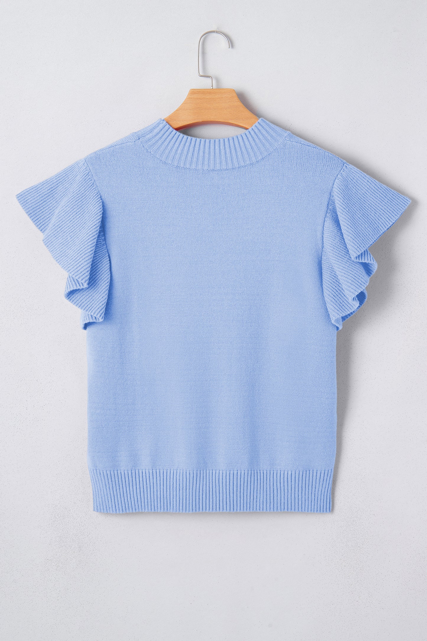 Sachet Pink Solid Color Ribbed Trim Round Neck Ruffle Short Sleeve Sweater