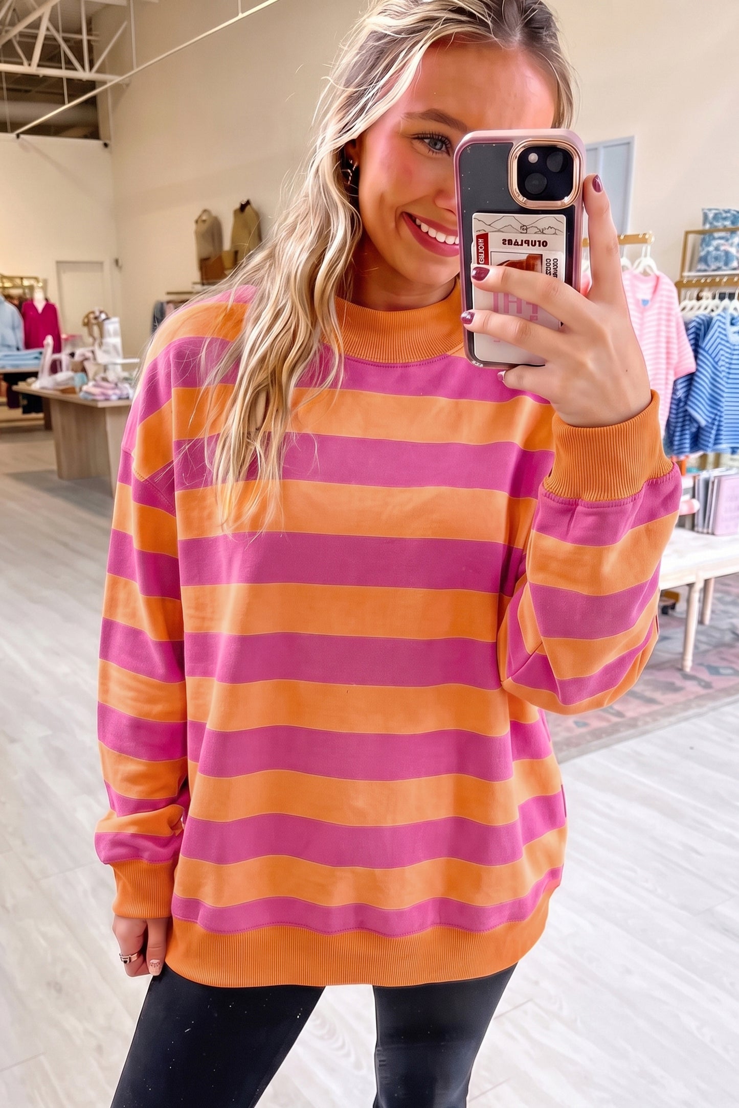 Rose Stripe Colorblock Mock Neck Relaxed Sweatshirt