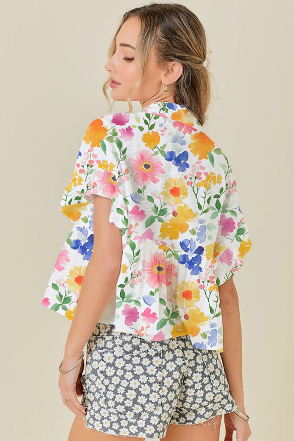 Pink Allover Floral Print Boxy Fit V Neck Blouse