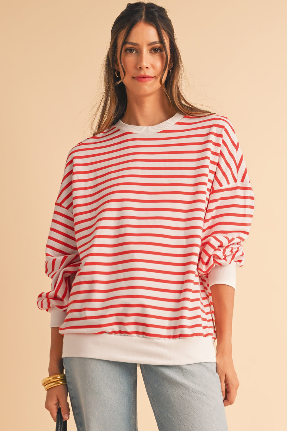 Blue Stripe Drop Shoulder Crew Neck Loose Sweatshirt