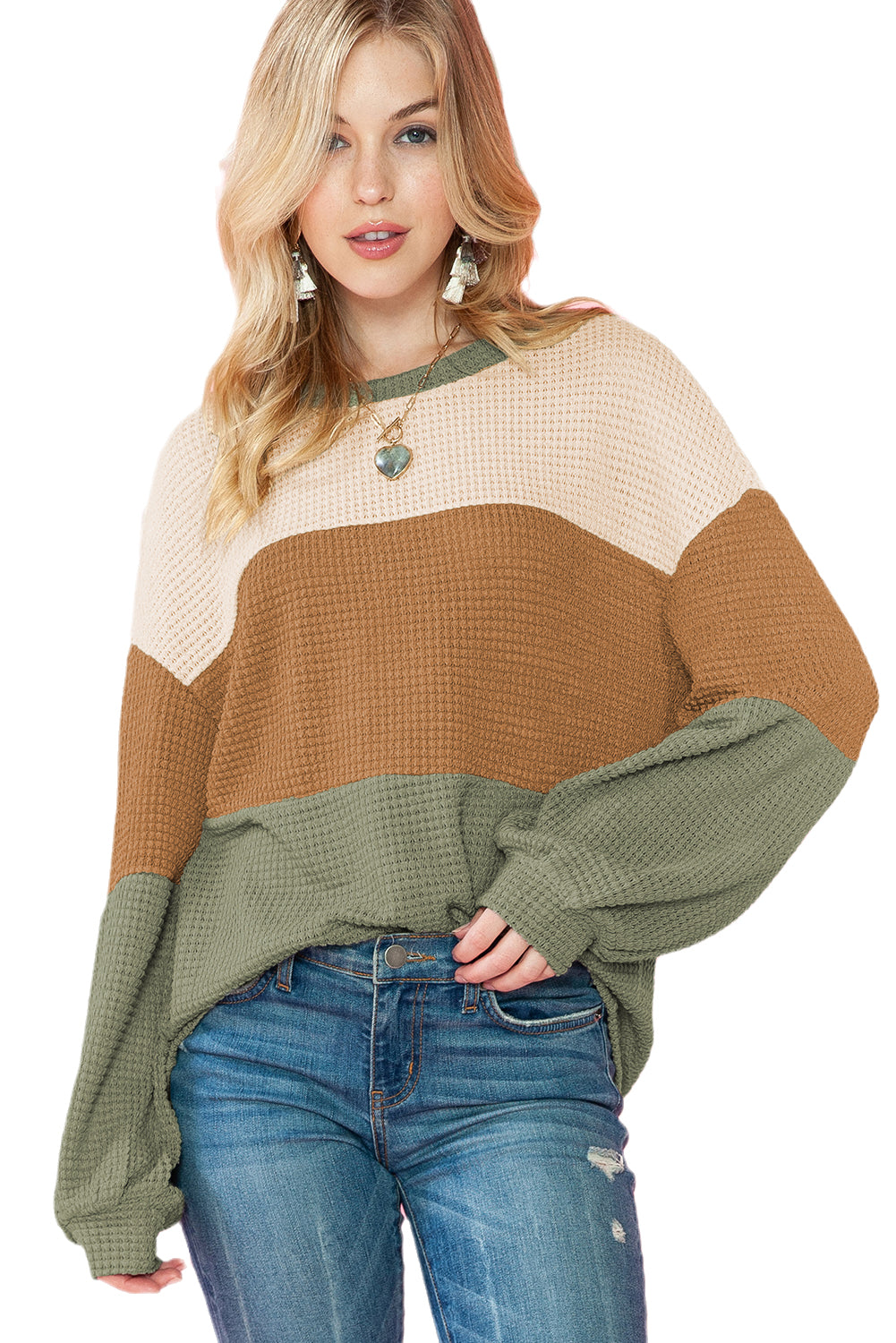 Green Waffle Knit Color Block Drop Sleeve Loose Top