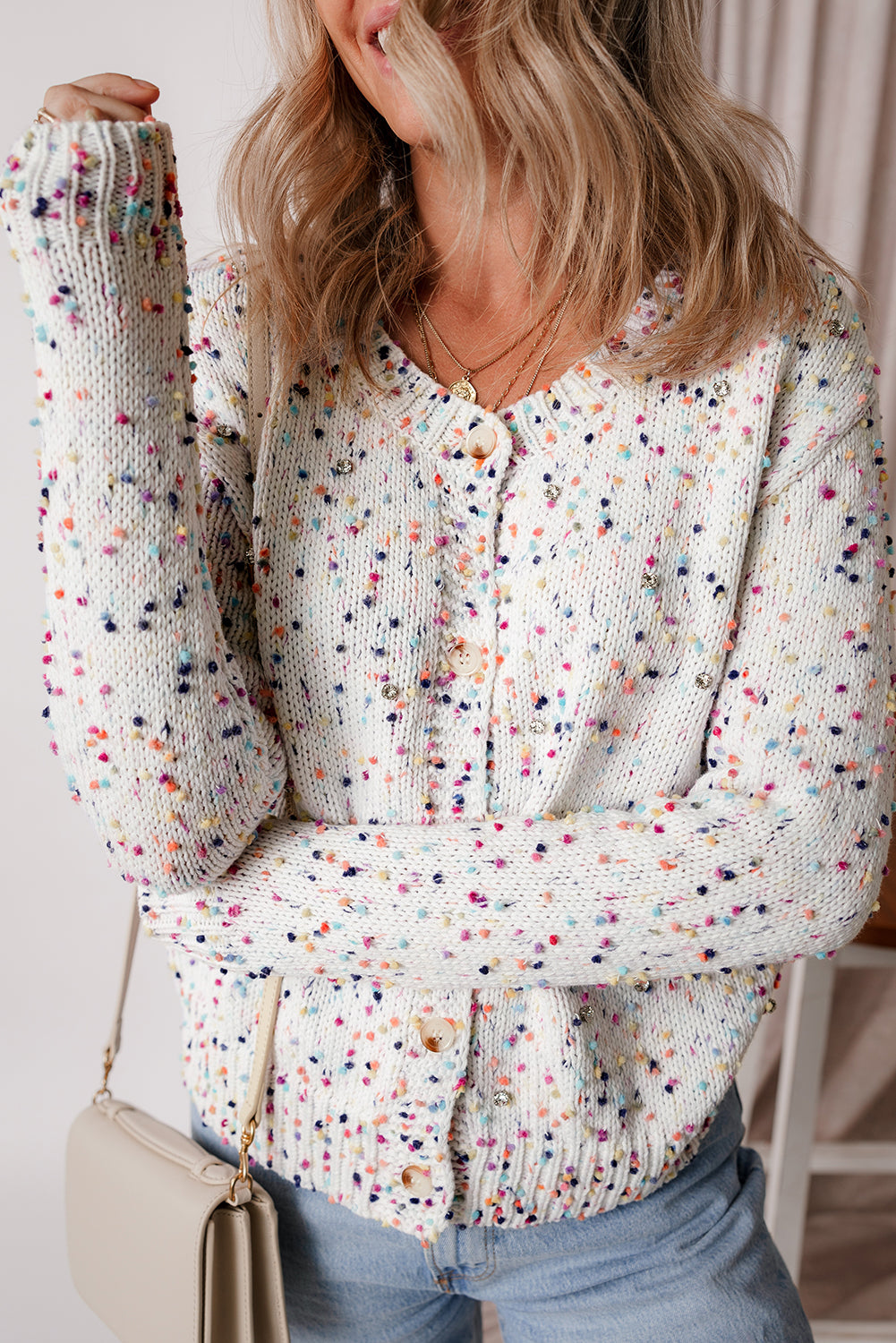 White Confetti Knit Bedazzled Cropped Cardigan