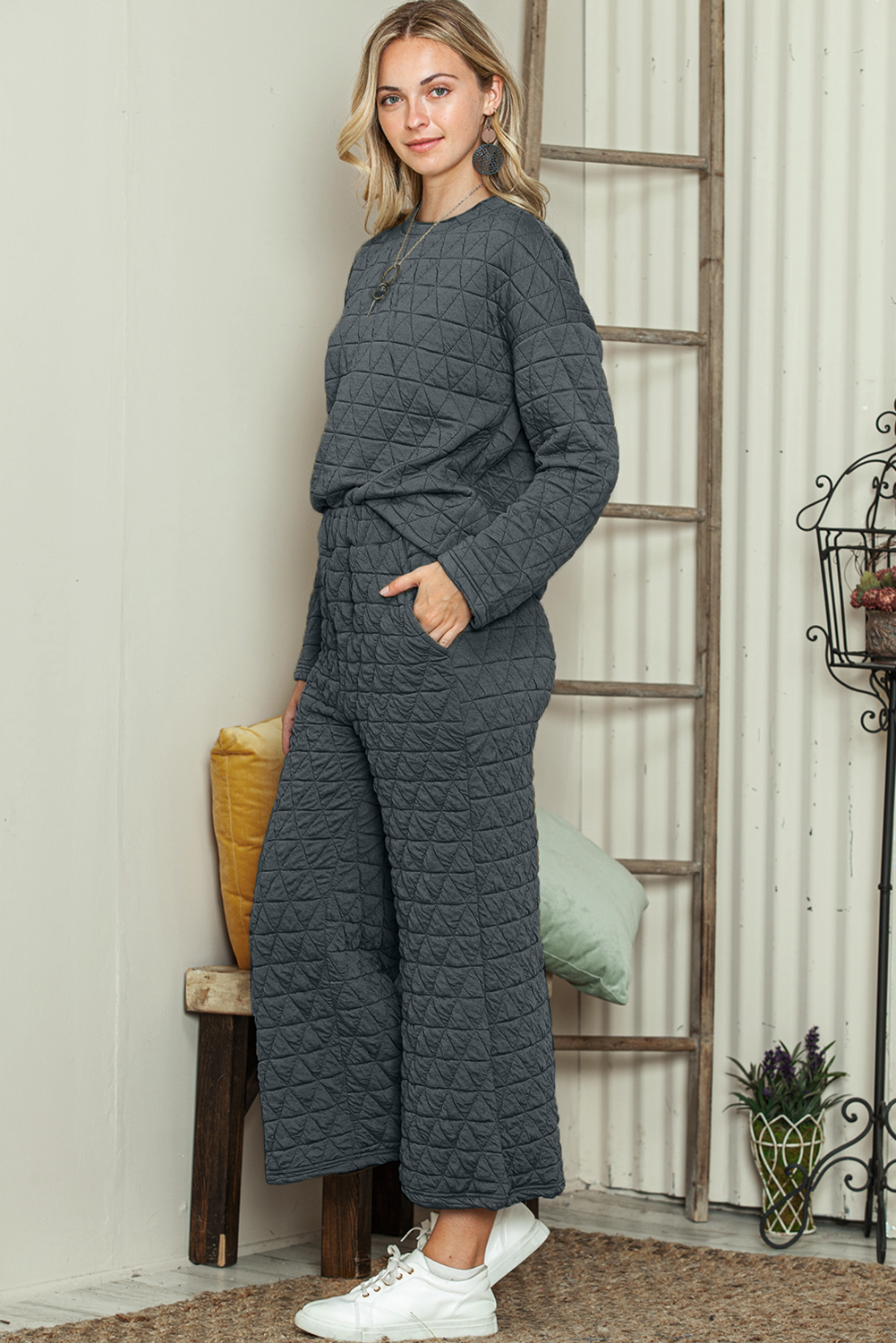 Dark Grey Solid Color Quilted Long Sleeve Top and Wide Leg Pants Set