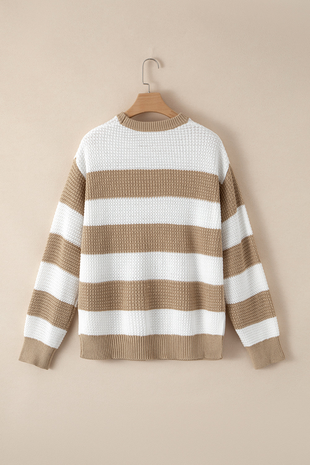 Light French Beige Striped Drop Shoulder Side Slit Sweater