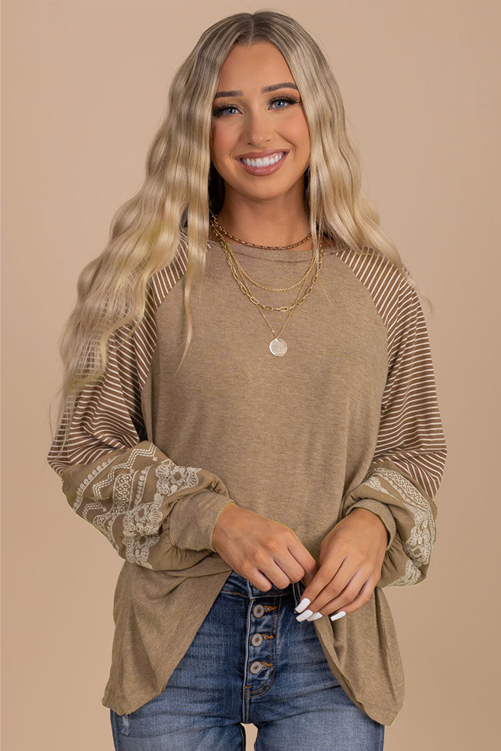 Mineral Red Contrast Print Striped Raglan Long Sleeve Loose Top