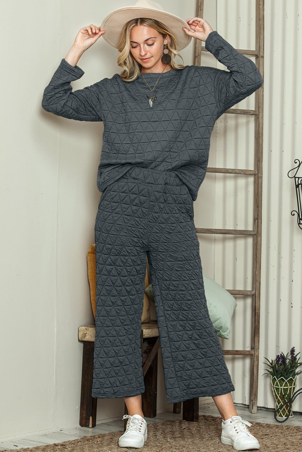 Dark Grey Solid Color Quilted Long Sleeve Top and Wide Leg Pants Set