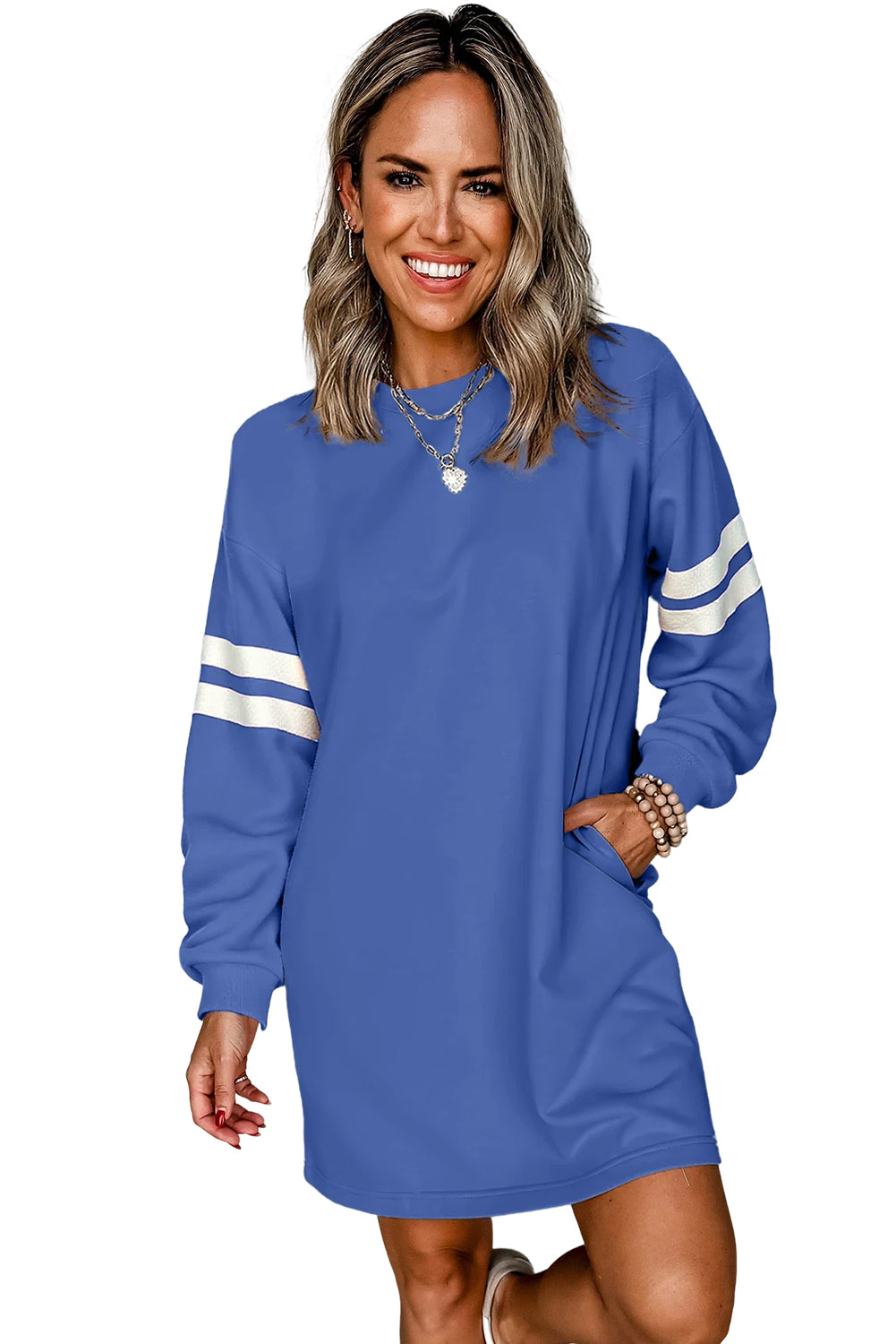 Sky Blue Preppy Striped Sleeve Loose Mini Dress