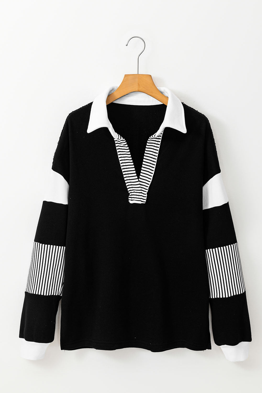 Black Striped Patchwork Collar Sweatshirt