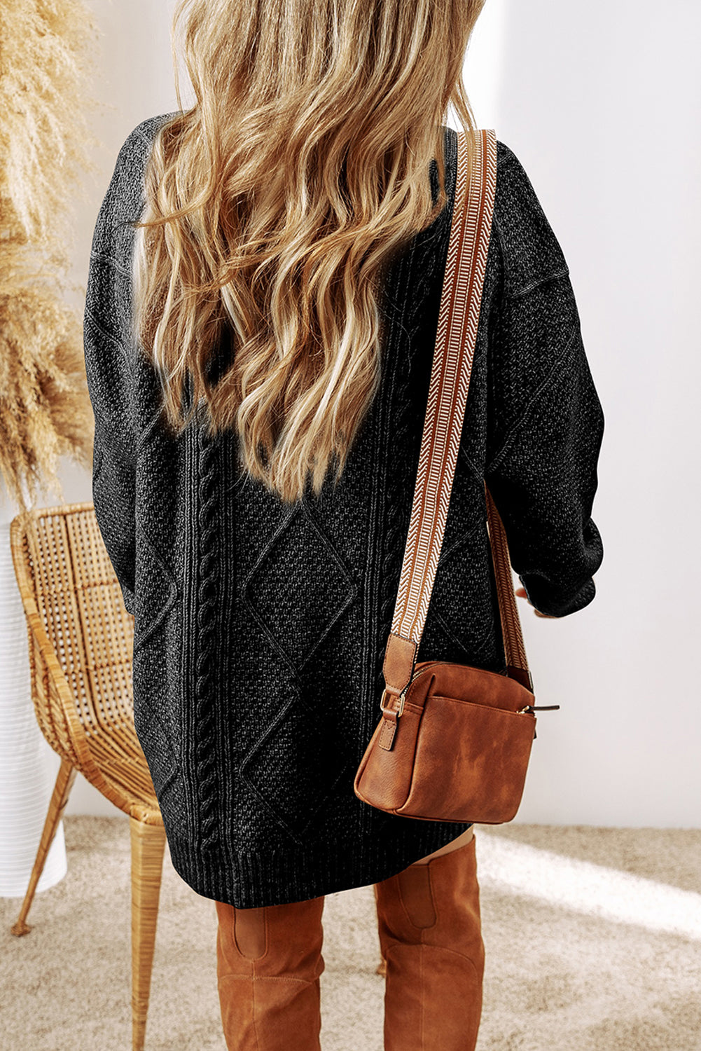 Burgundy Cable Knit Drop Shoulder Loose Fit Sweater Dress