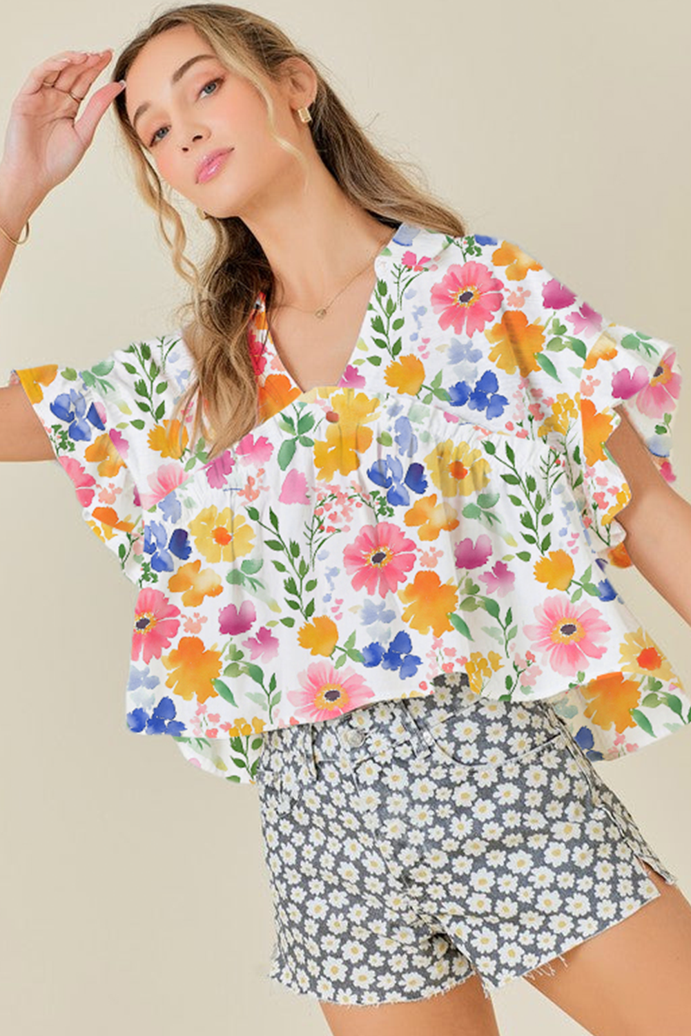 Pink Allover Floral Print Boxy Fit V Neck Blouse