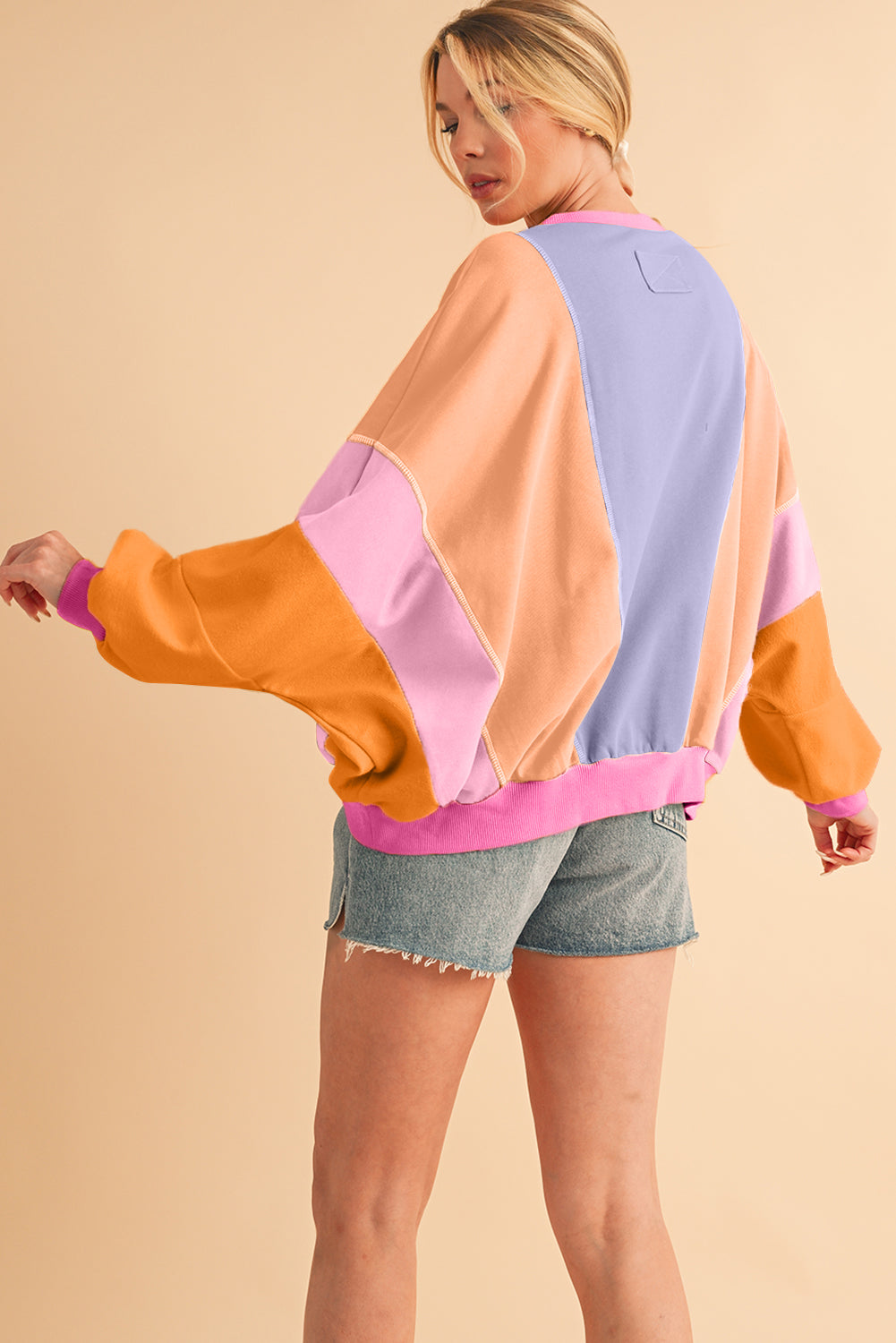 Grapefruit Orange Colorblock Patchwork Drop Shoulder Top