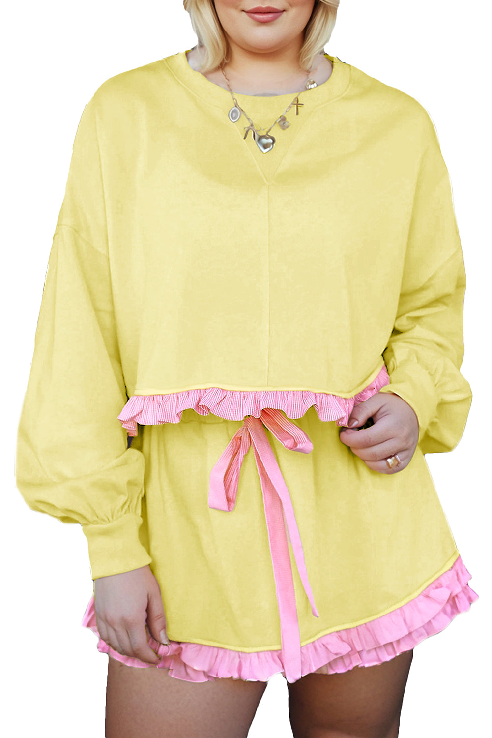 Yellow Ruffle Striped Hem Patchwork Pullover Top and Shorts Plus Size Set