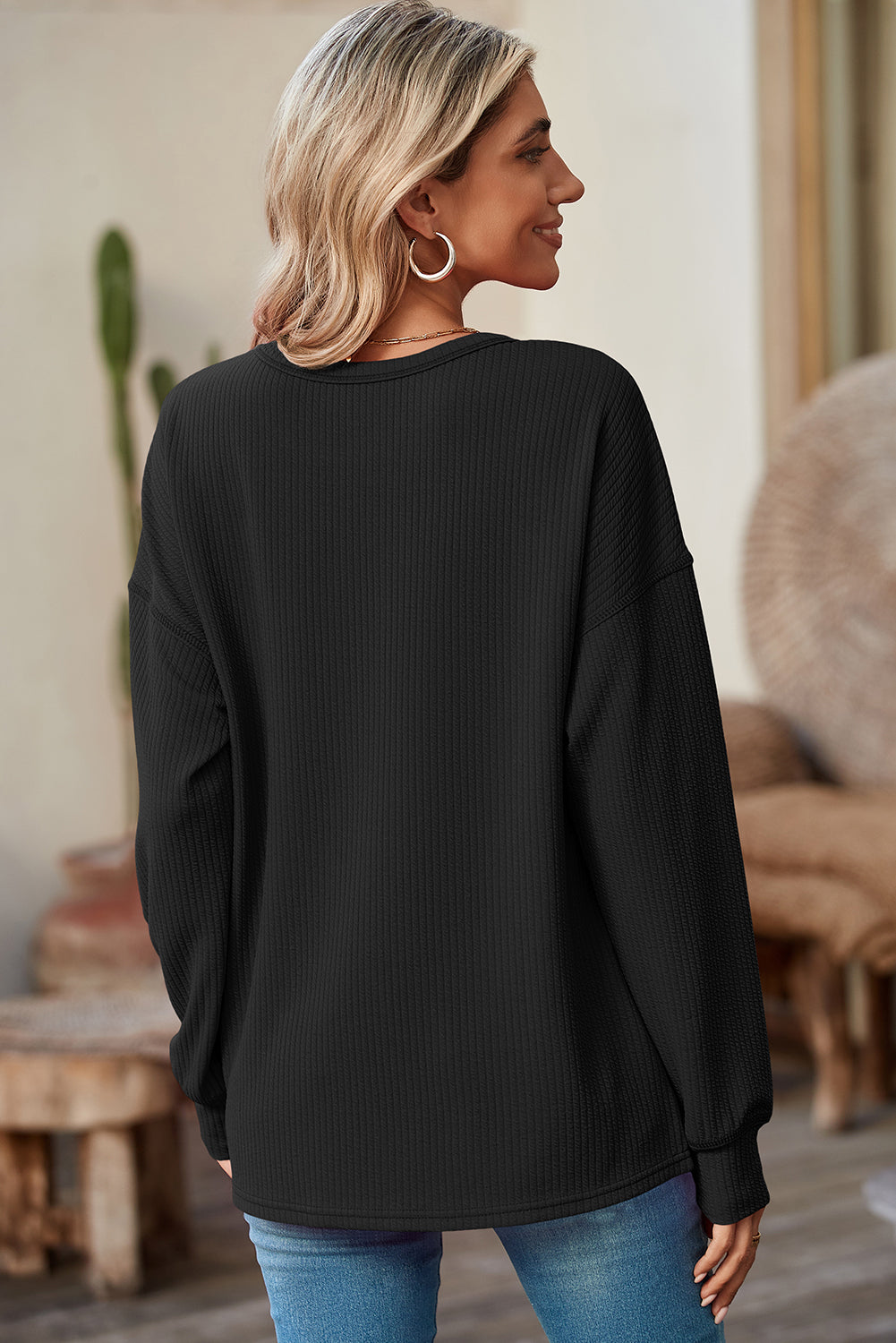 Black Pocketed Ribbed Long Sleeve Top