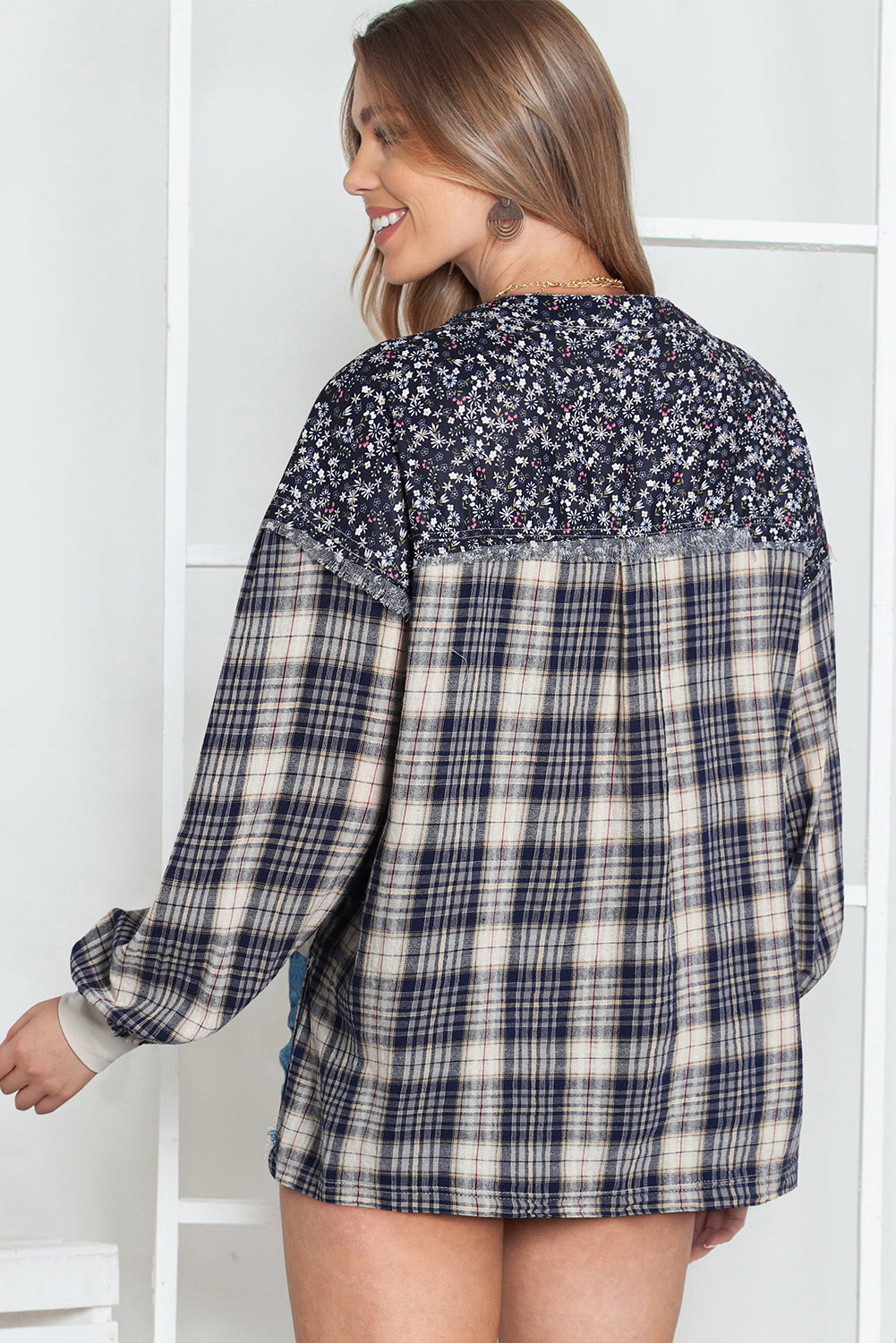 Dark Blue Floral Plaid Mixed Patchwork Bishop Sleeve Top