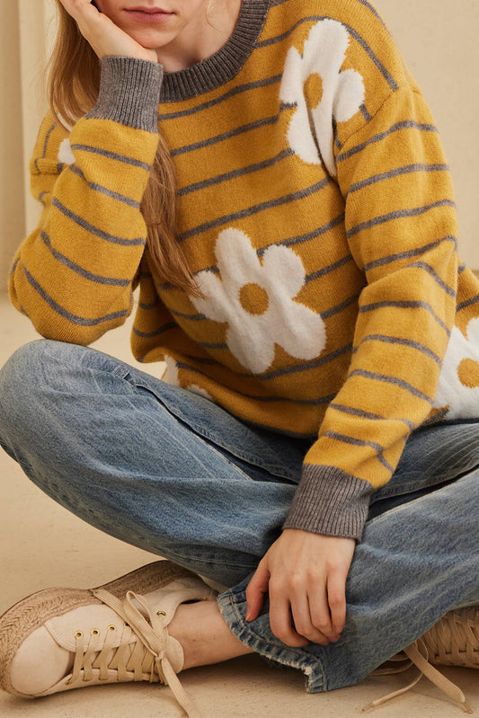 Yellow Striped Daisy Flower Long Sleeve Sweater