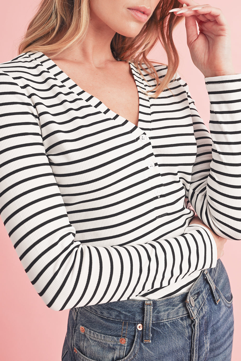 White Stripe Slim Fit Buttoned V Neck Long Sleeve Top