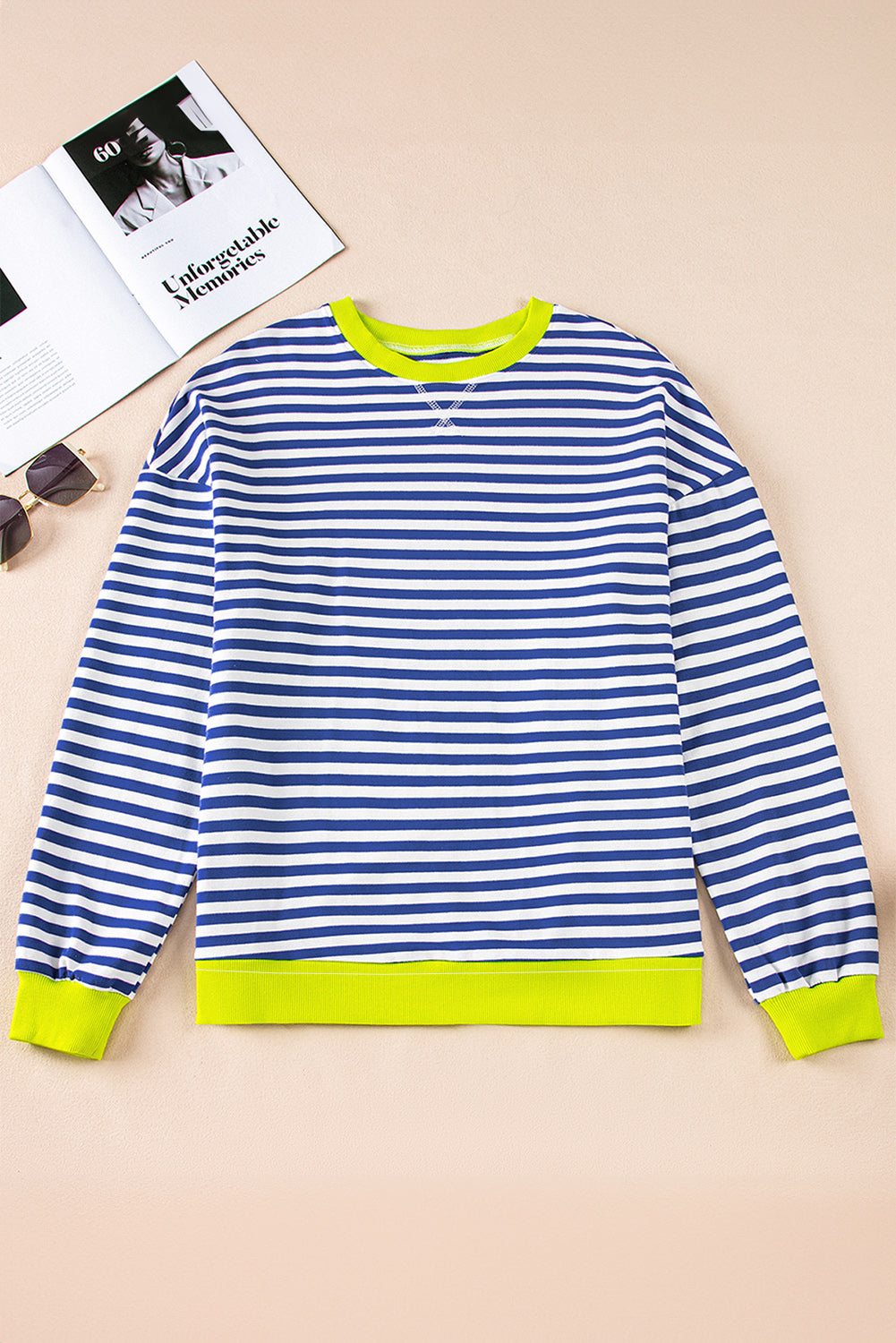 Blue Striped Contrast Trim Drop Shoulder Sweatshirt