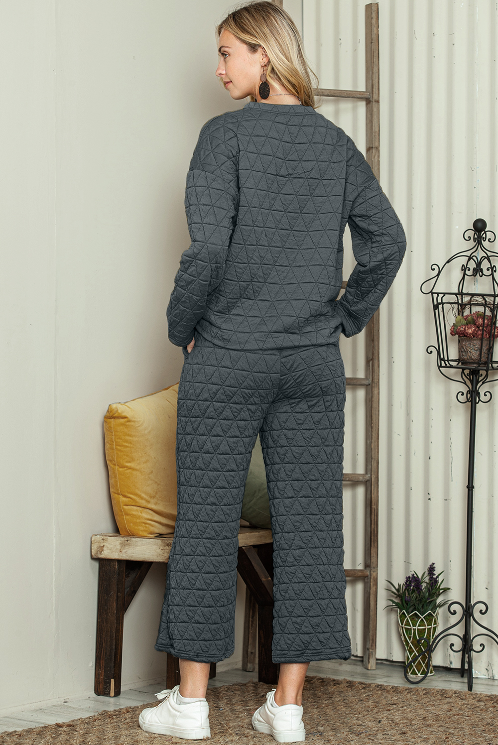 Dark Grey Solid Color Quilted Long Sleeve Top and Wide Leg Pants Set