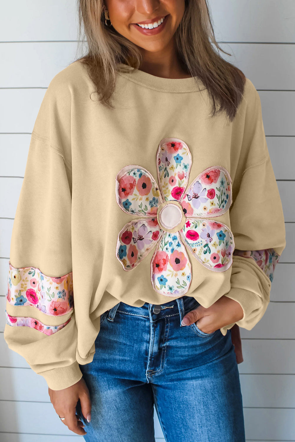 Wisteria Flower Applique Patchwork Drop Sleeve Pullover Sweatshirt