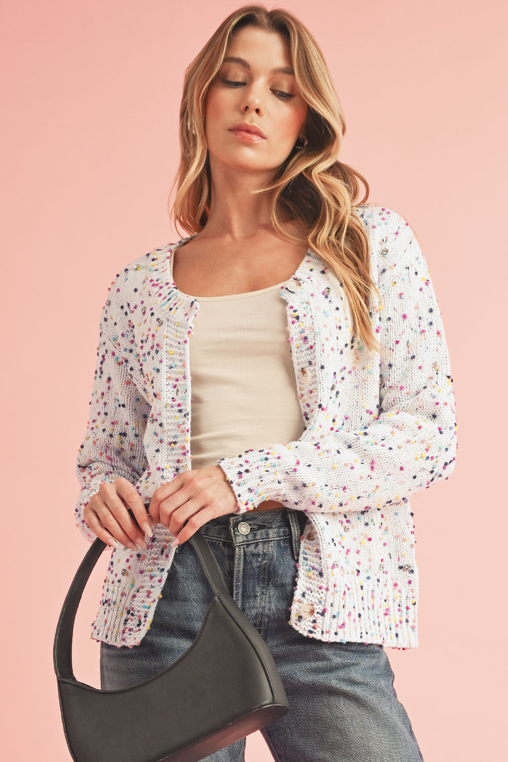 White Confetti Knit Bedazzled Cropped Cardigan