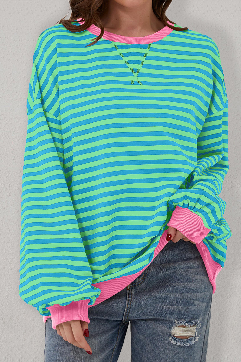 Green Stripe Contrast Edge Oversized Sweatshirt