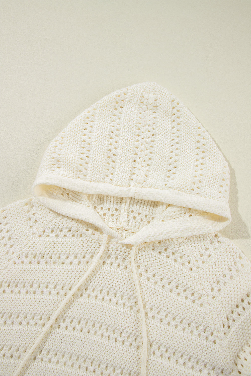 White Pointelle Knit Raglan Sleeve Drawstring Hooded Sweater