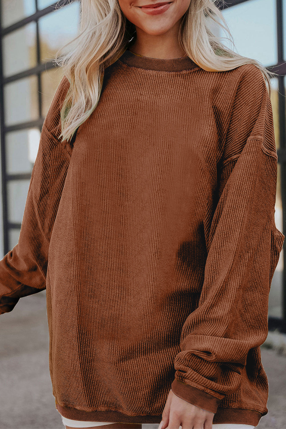 Smoke Gray Plain Drop Sleeve Crinkle Rib Oversized Sweatshirt