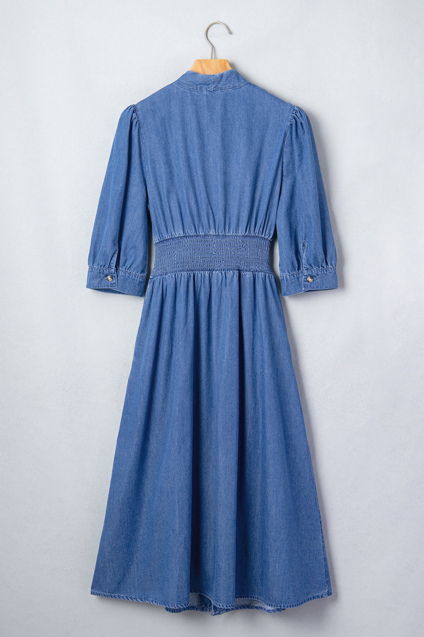 Blue V Neck Shirred Waist Metal Zipper Denim Midi Dress