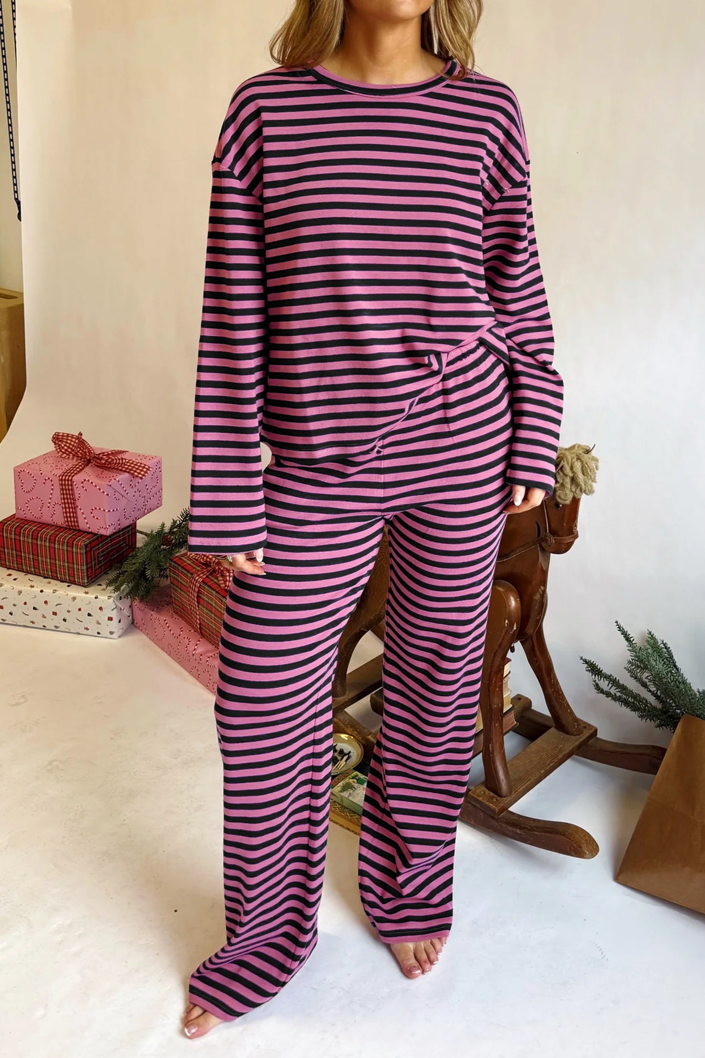 Pink Stripe Casual Long Sleeve Top Drawstring Pant Set