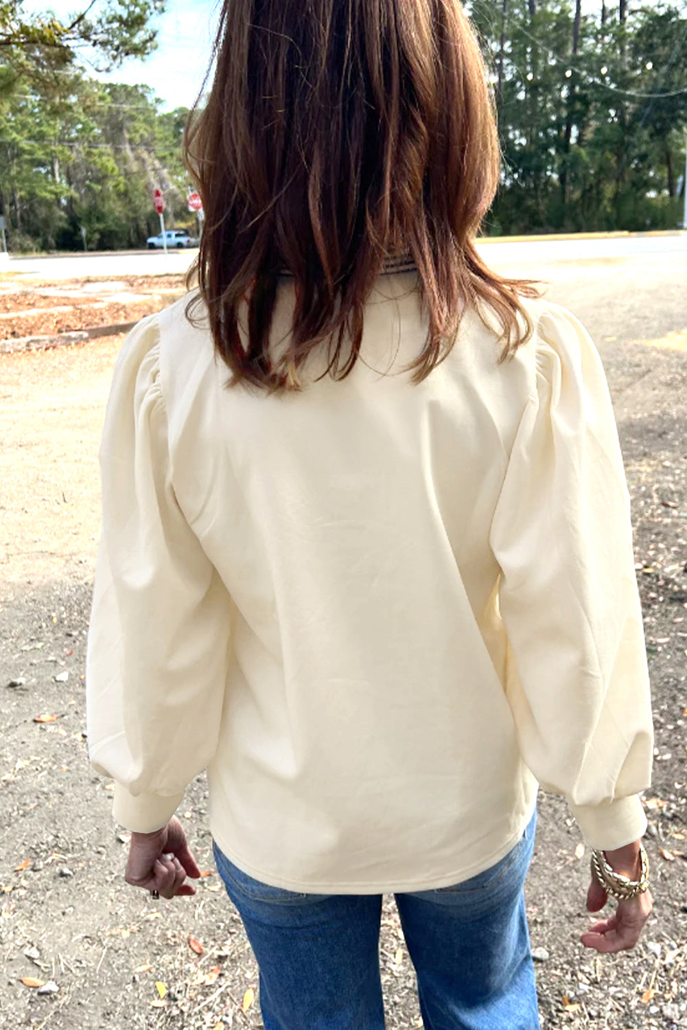 White Striped Ruffle Button Neck Pullover Sweatshirt