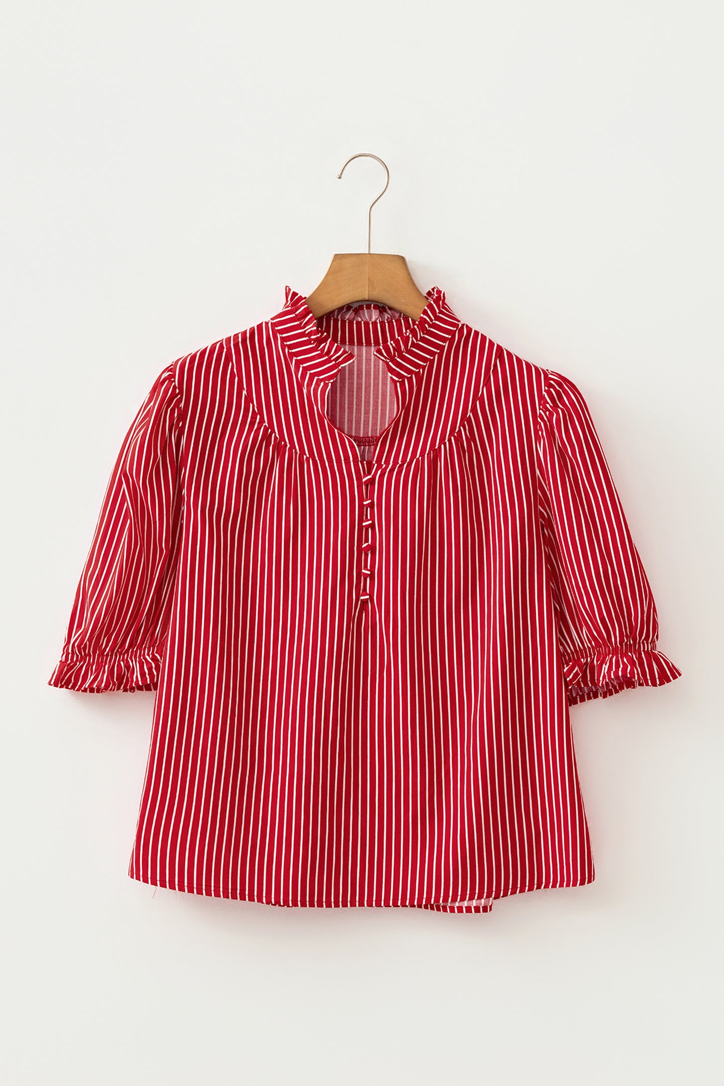 Blue Stripe Ruffled Short Puff Sleeve Button Front Blouse
