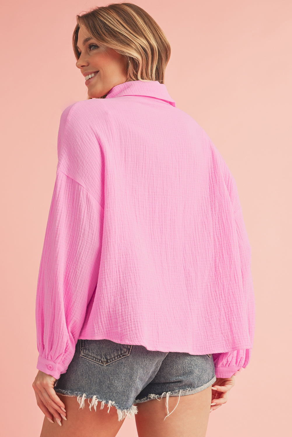 Bonbon Solid Color Puff Sleeve Crinkled Shirt